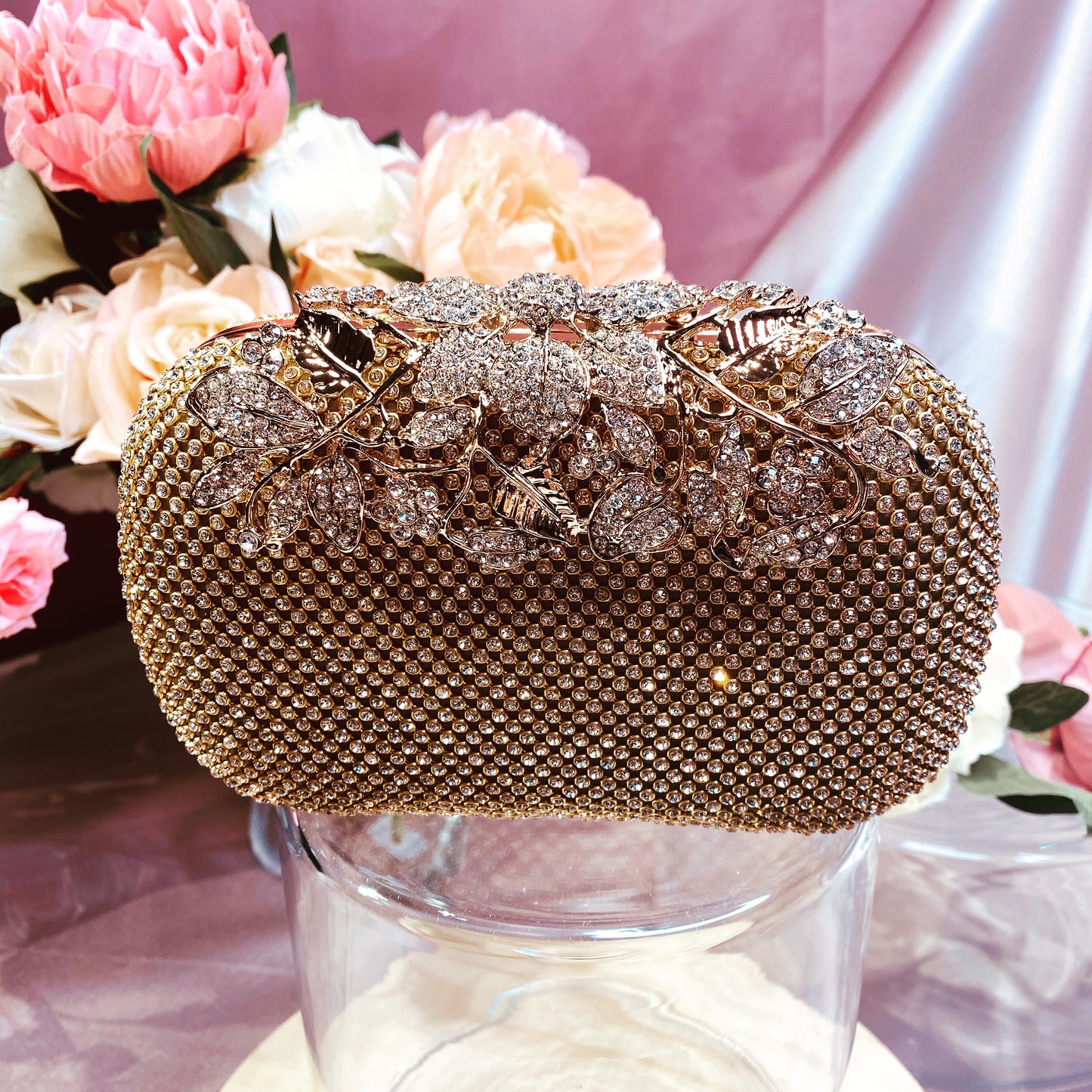 #12819102 Roses cover Rhinestone Clutches (Golden, Silver, Black)