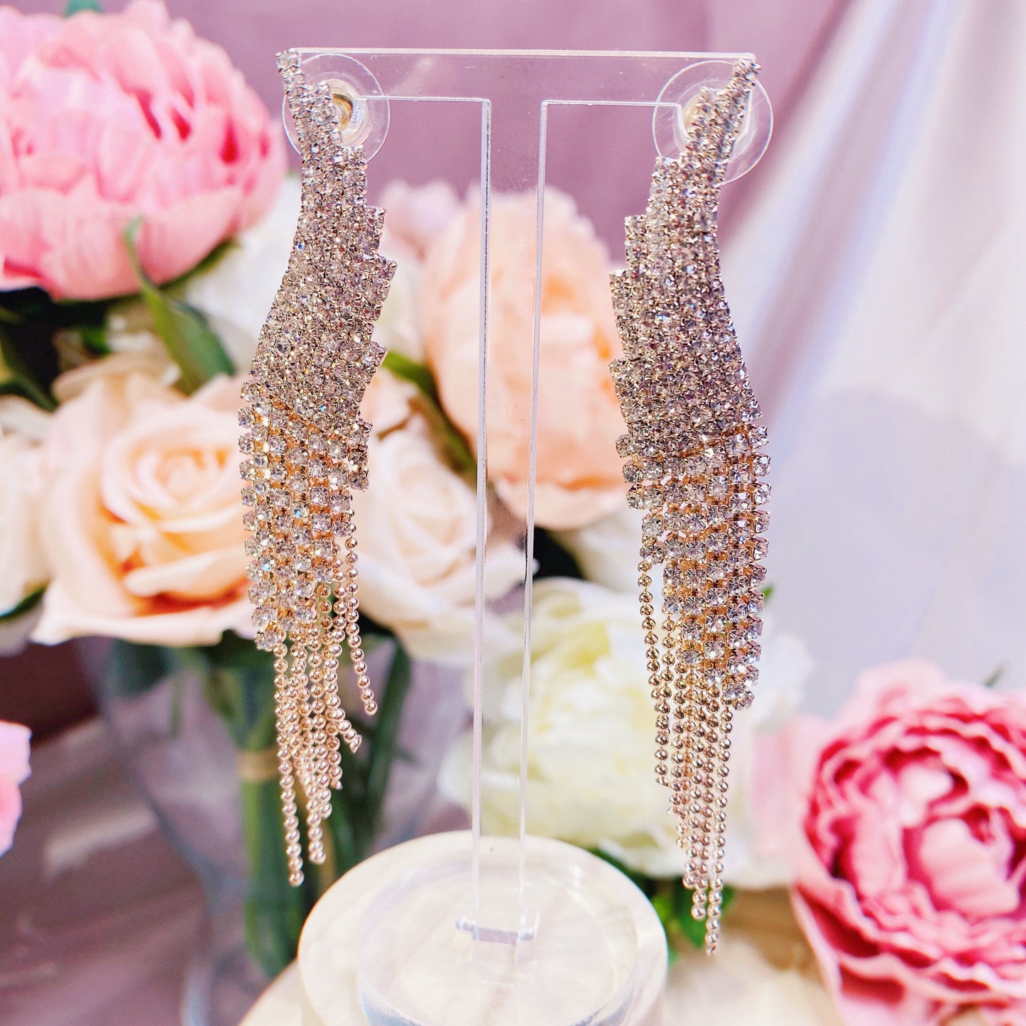 #01538005 Rhinestones Earrings (Silver, Rose Gold) 9cm*1.5cm