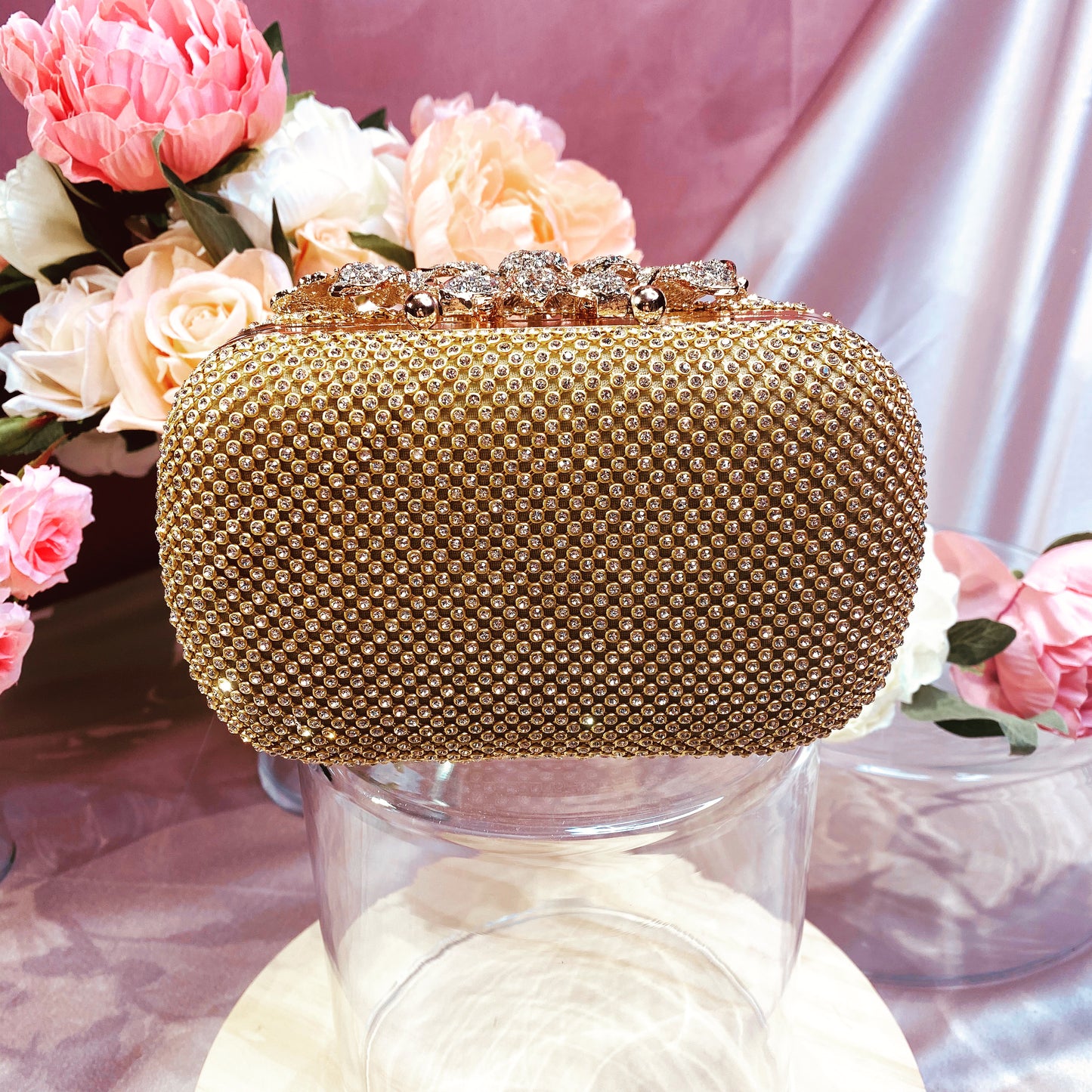 #12819102 Roses cover Rhinestone Clutches (Golden, Silver, Black)