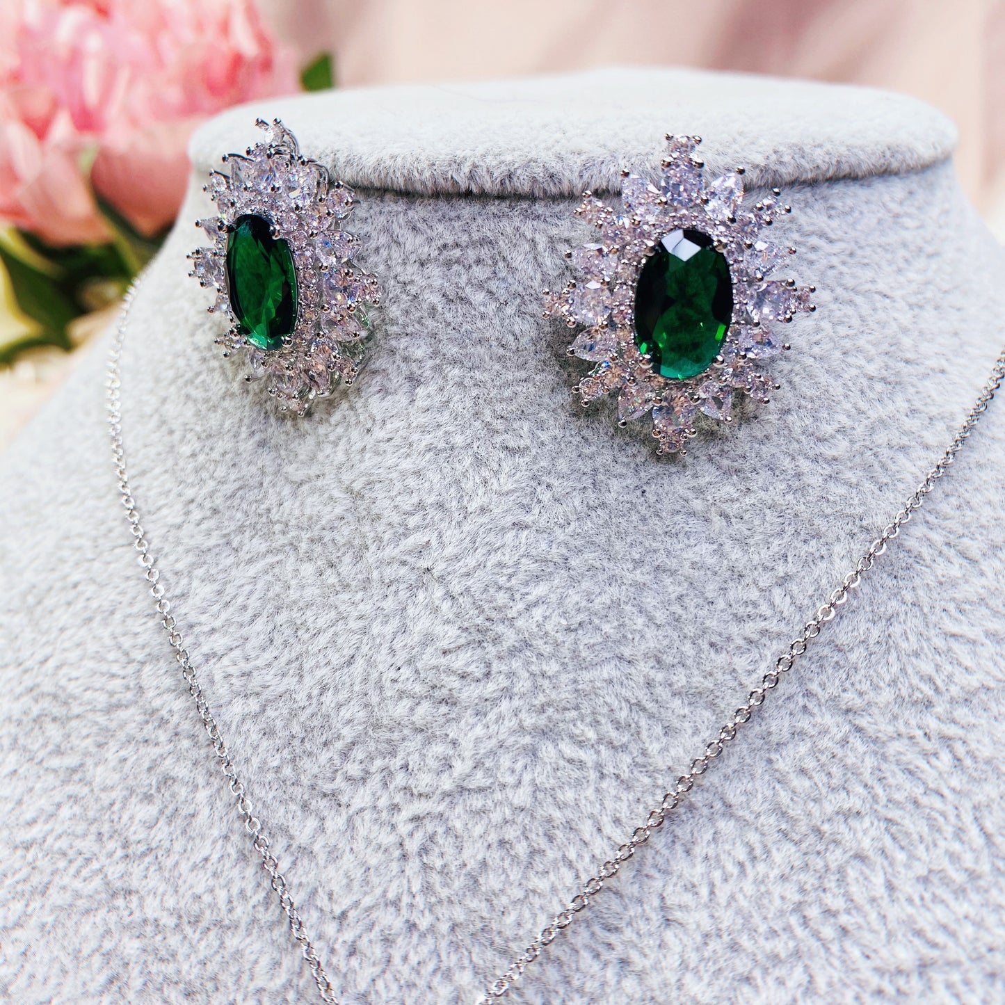 #09522006 Cubic Zirconia Vintage Diamond Pendant Set (Green, Blue, Silver)