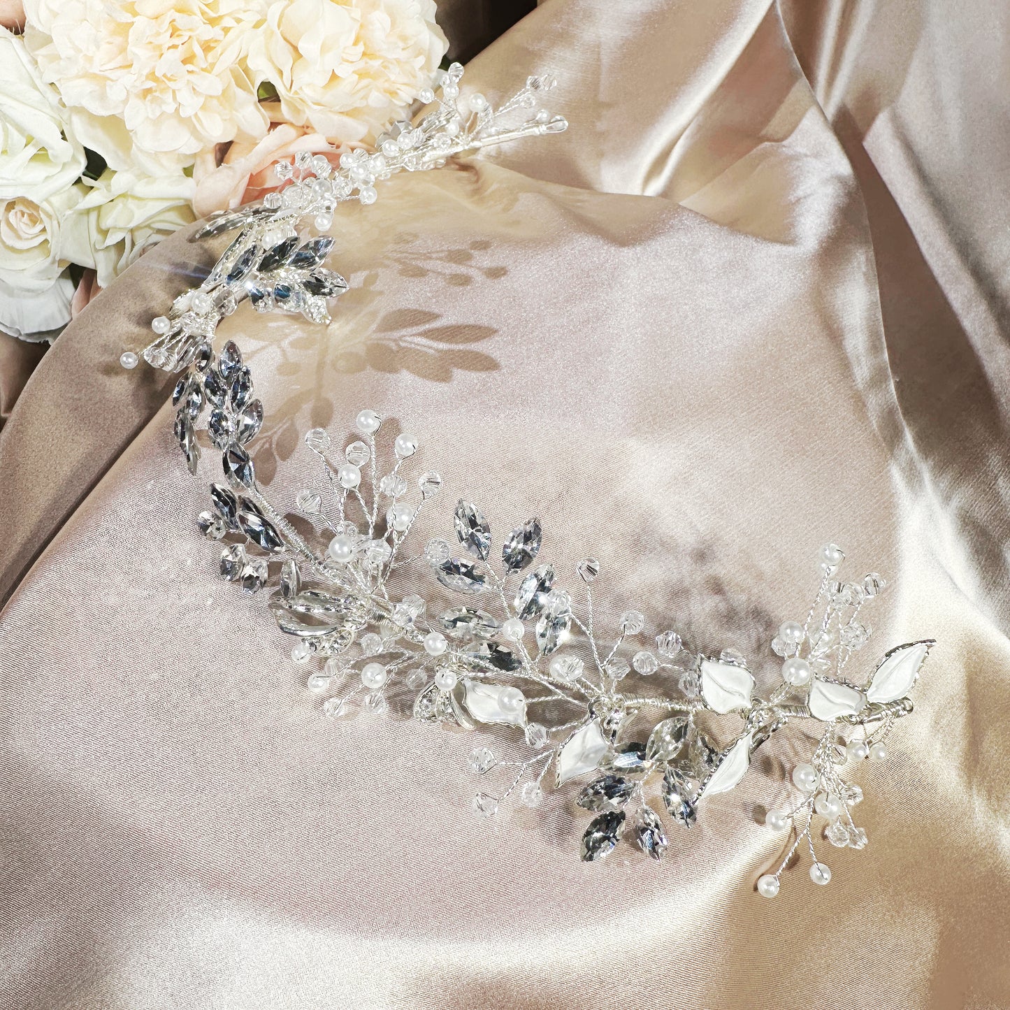 Elegant Leaf Design Rhinestone Headband with Pearls and Crystals | Bridal Hairpiece