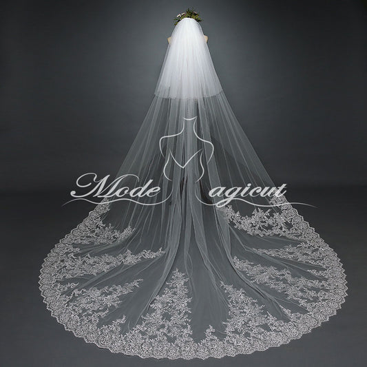 #20308003 3.8*3 Meters Sequin/Lace Applique Edge Two-Tier Cathedral Wedding Veil