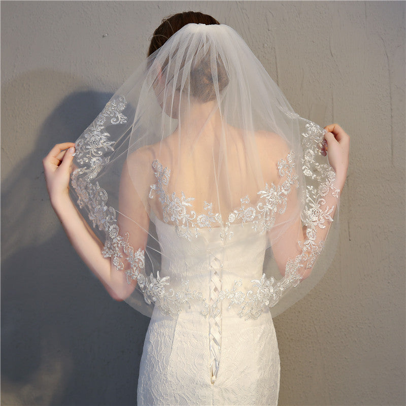 #05308016 Elbow length Two-Tier Bridal Veils with Lace Applique Edge (75 cm)