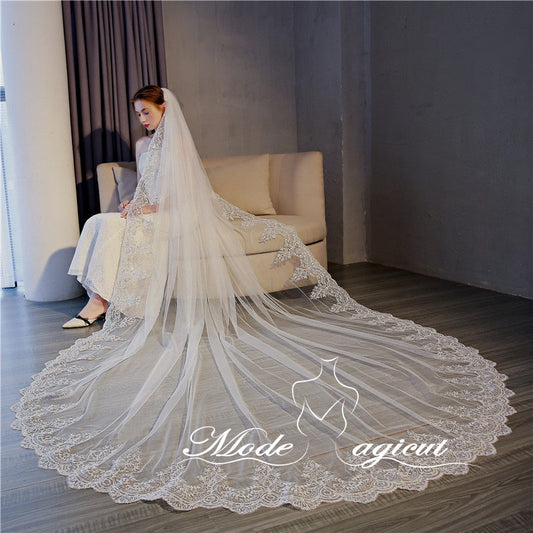 #21308014 3*5 Meters One-tier Sequin Lace Edge Cathedral Bridal Veils | For Wedding