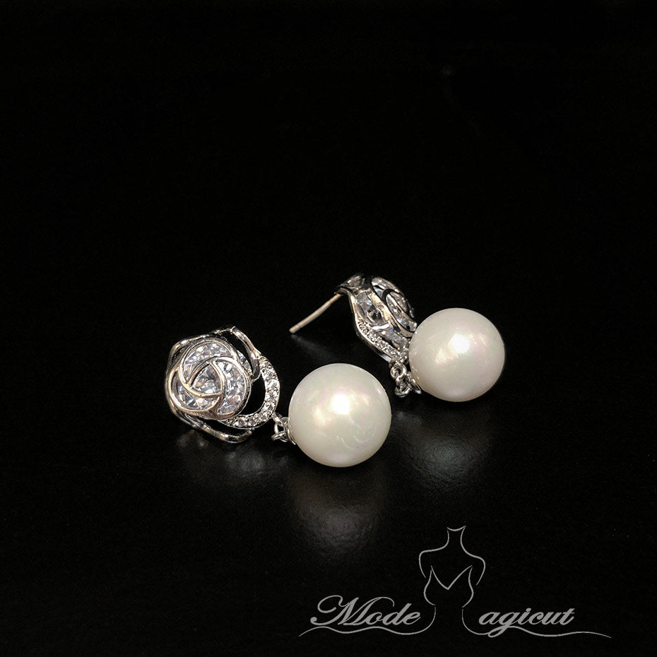 #20481 Elegant Rosette Sterling Silver Cubic Zirconia Stud Earrings with Imitation Pearls Pendant