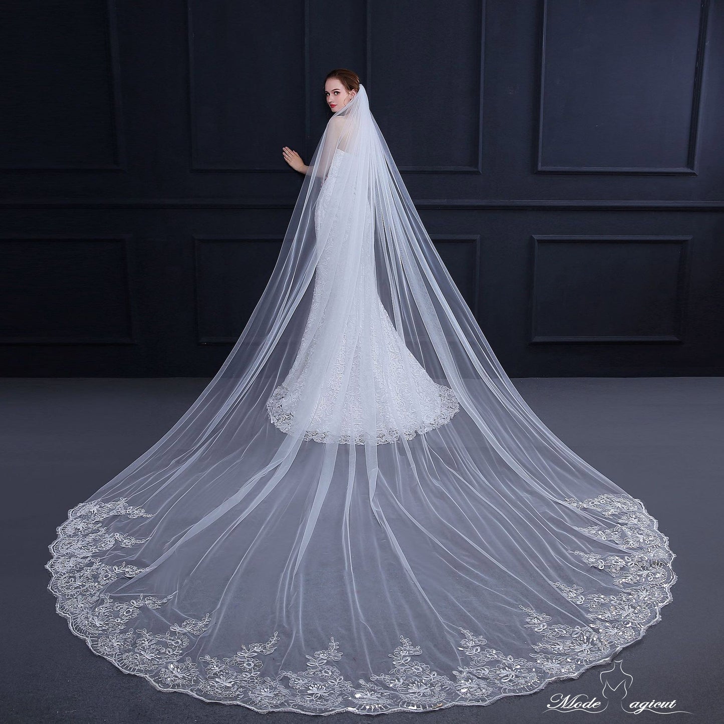 #21308006  4*3 Meters Sequins Lace Applique Edge Cathedral Bridal Veils with Comb