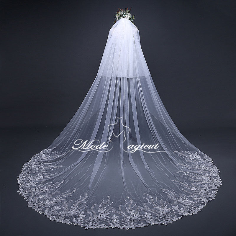 #21308018 3.8*3 Meter Sequins Lace Applique Edge 2-Tier Cathedral Bridal Veil | For Wedding