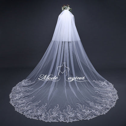 #21308018 Voile de mariée cathédrale 2 pans en dentelle brodée de sequins 3,8*3 mètres | Pour mariage