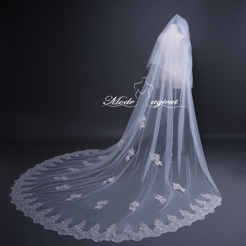 #20308016 3.8*3 Meter Sequins Lace Applique Edge 2-Tier Cathedral Bridal Veil | For Wedding