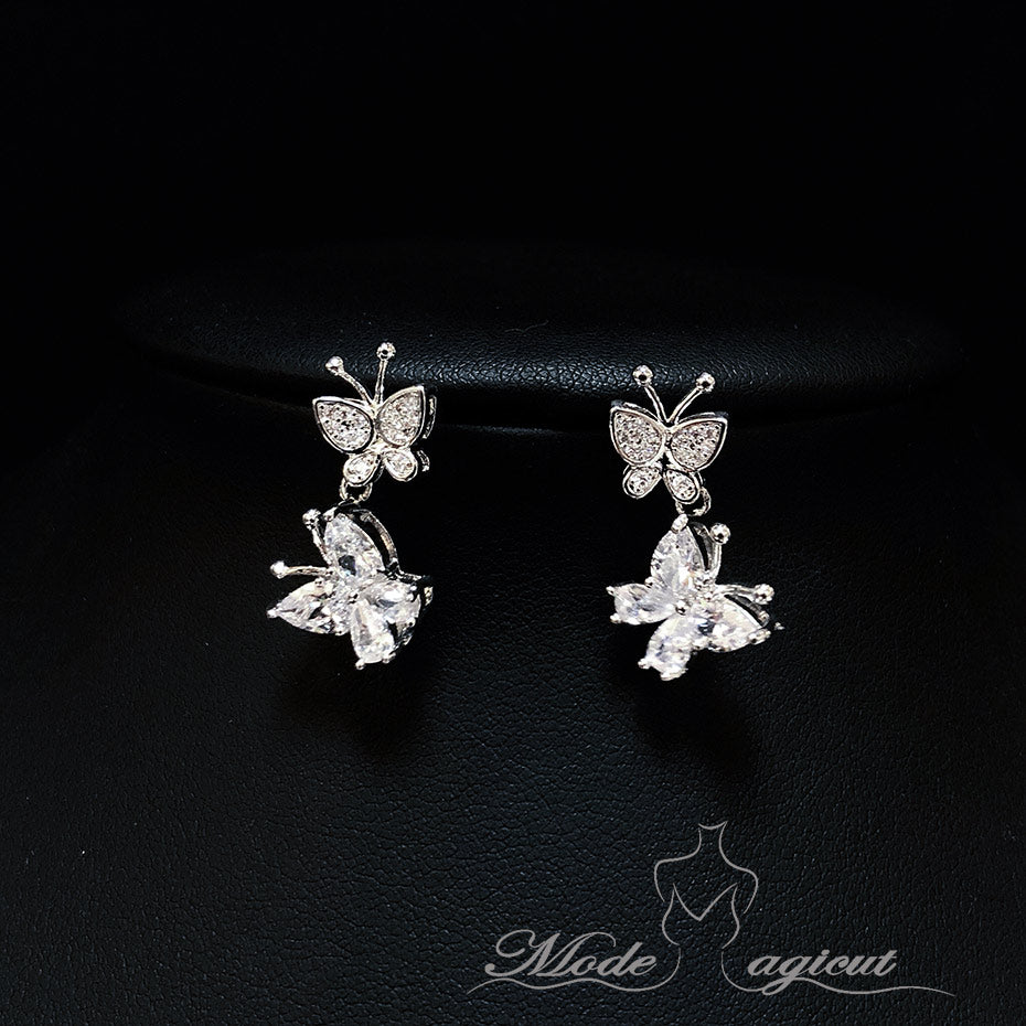 #502614 Beautiful Drop Earrings with Two zircon Butterfly Pendants