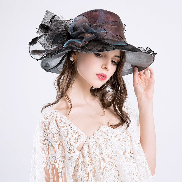 #09968036 Ladies' Elegant Organza Floppy Summer Hat with Bow-knot