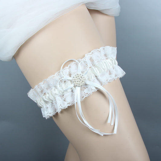 #04028158 Ivory Elegant Satin Garter with Lace and Pearls decoration.