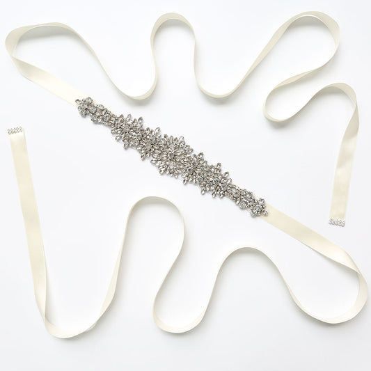 #06608282 Elegant Bridal Ivory Ribbon Sash with Rhinestones Applique