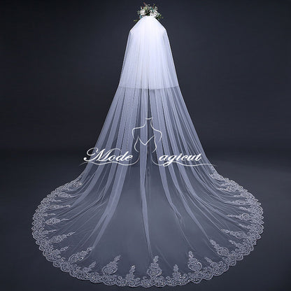 #19308015  Voile de mariée cathédrale à appliques de dentelle à paillettes avec peigne