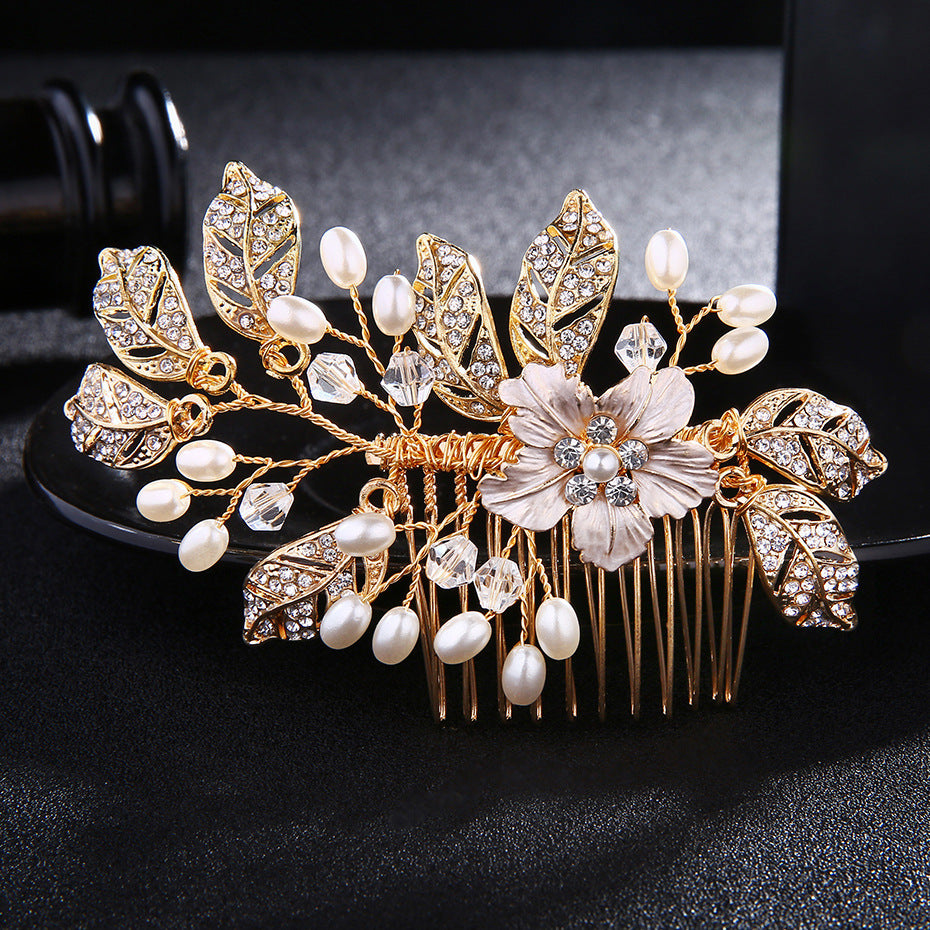 #04449021 Golden Flower style Rhinestone, Imitation Pearls Combs & Barrettes