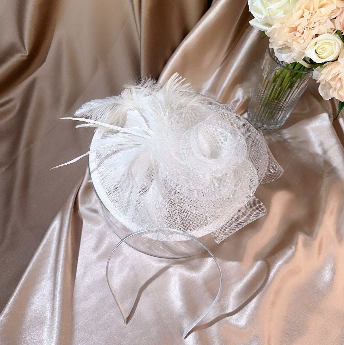 #05948011 Vintage Linen Fascinators With Feather | Bridal hat | Bridal Accessories