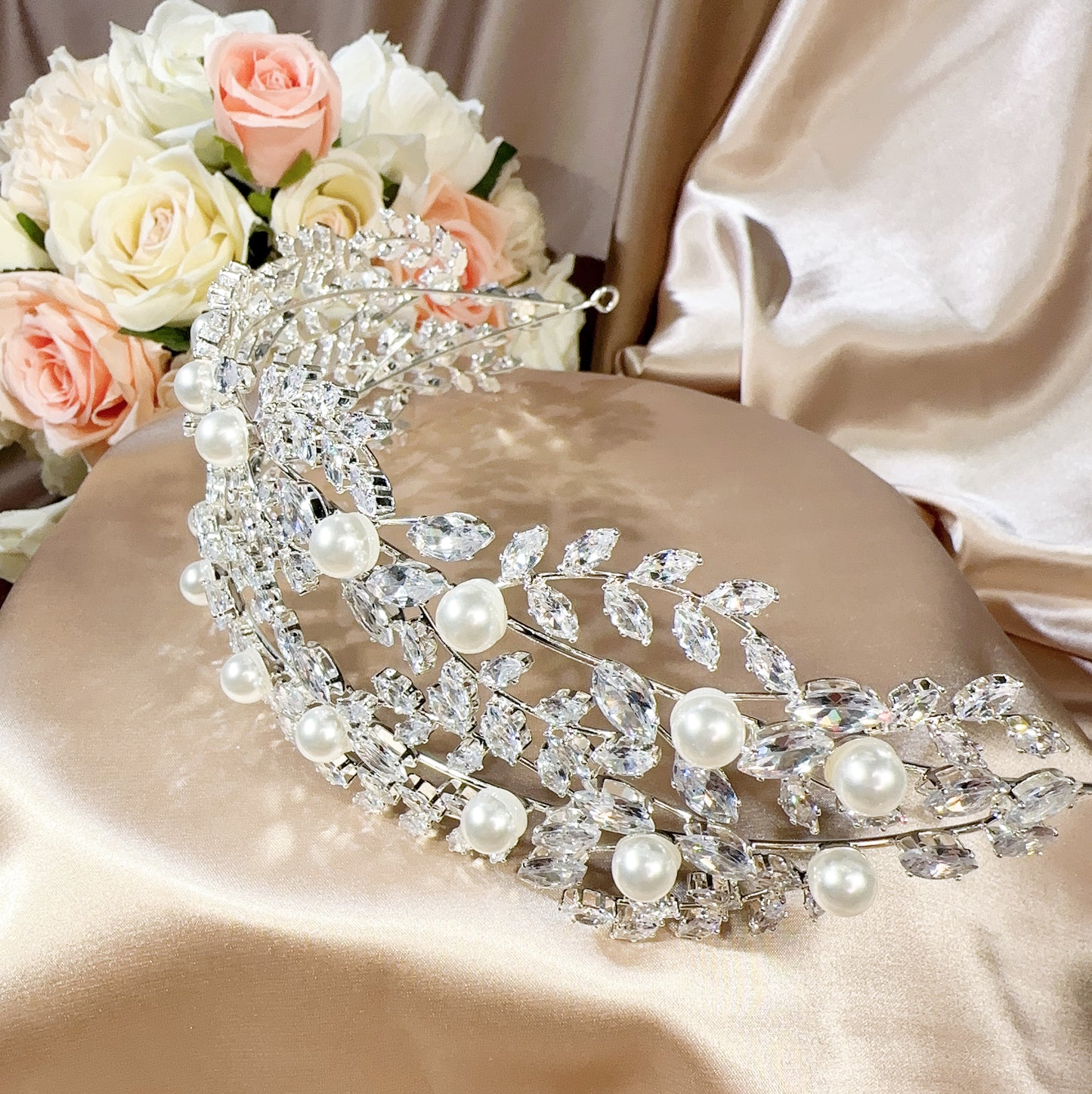 220418923 Cubic Zirconia Headband Stunning Pearl Headpiece for Brides