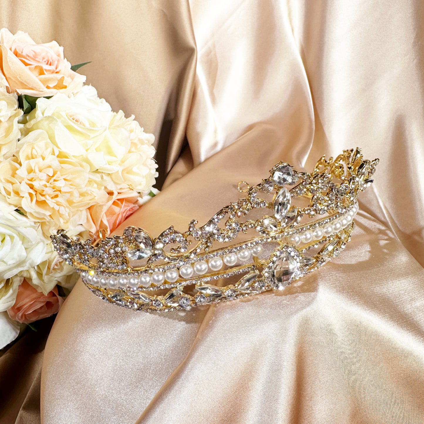 23292873 Pearl-Studded Gold Tiara for a Touch of Glamour