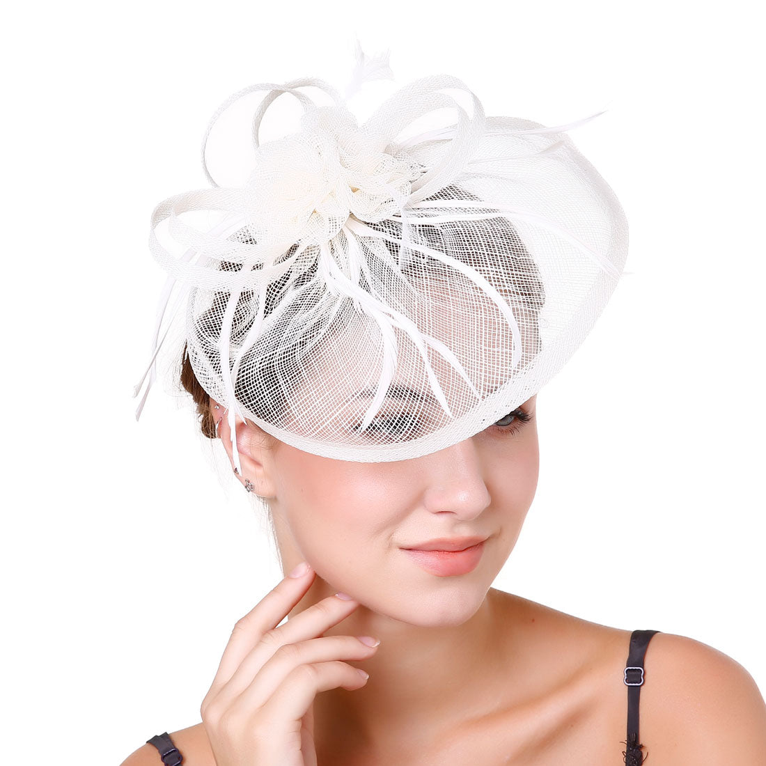 #09948010 Beautiful Linen Fascinators With Flowers and Feathers